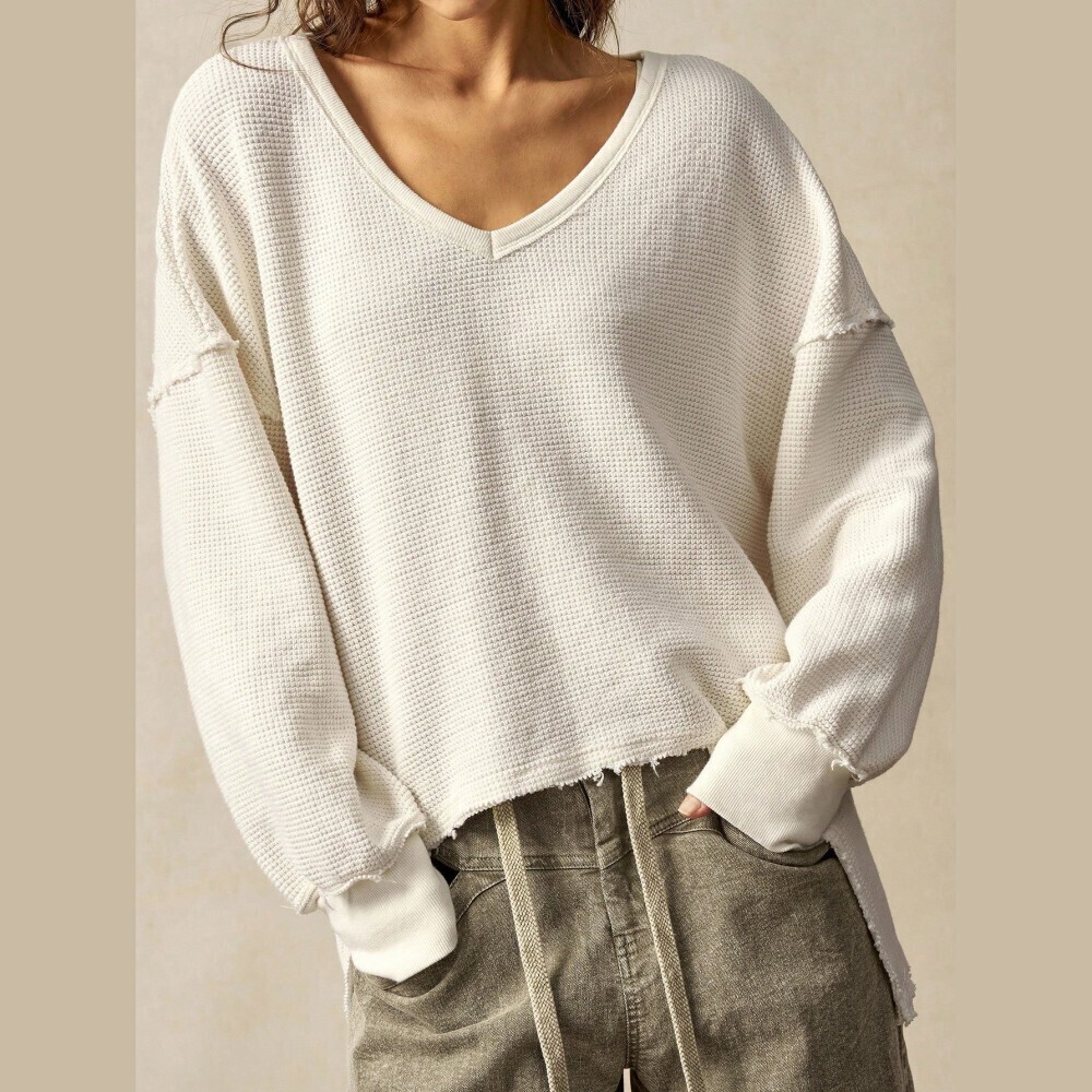 Ivory Waffle Knit Raw Hem Deep V-Neck Oversized Sweatshirt